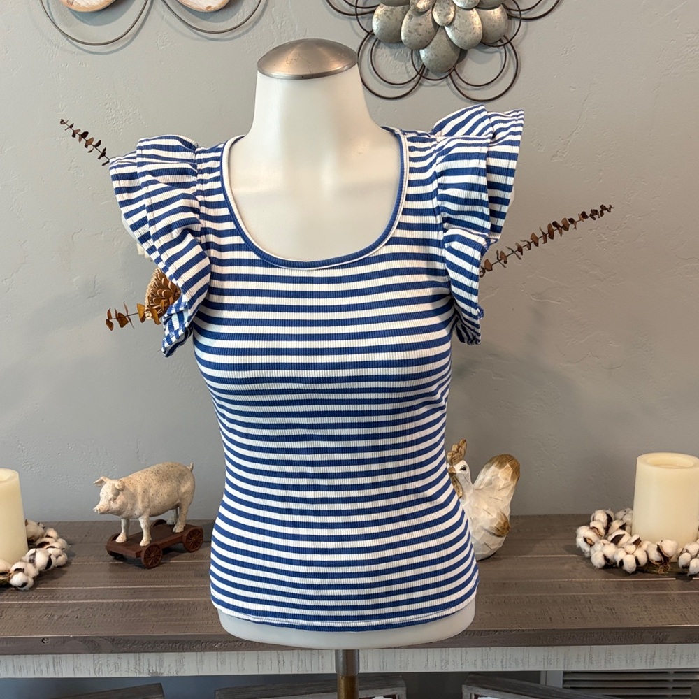 Blue & White Striped Ruffle Sleeve Tee
